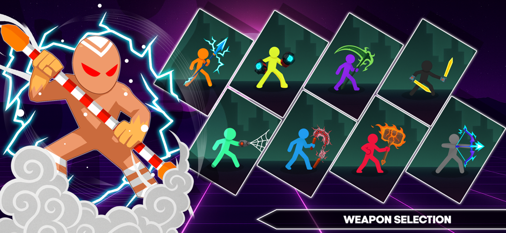 Weapon selection menu featuring various stickman characters with glowing neon weapons