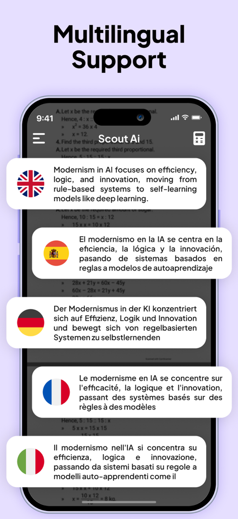 Interface of Scout AI app showing multilingual support with homework solutions translated into multiple languages like English, Spanish, German, French, and Italian