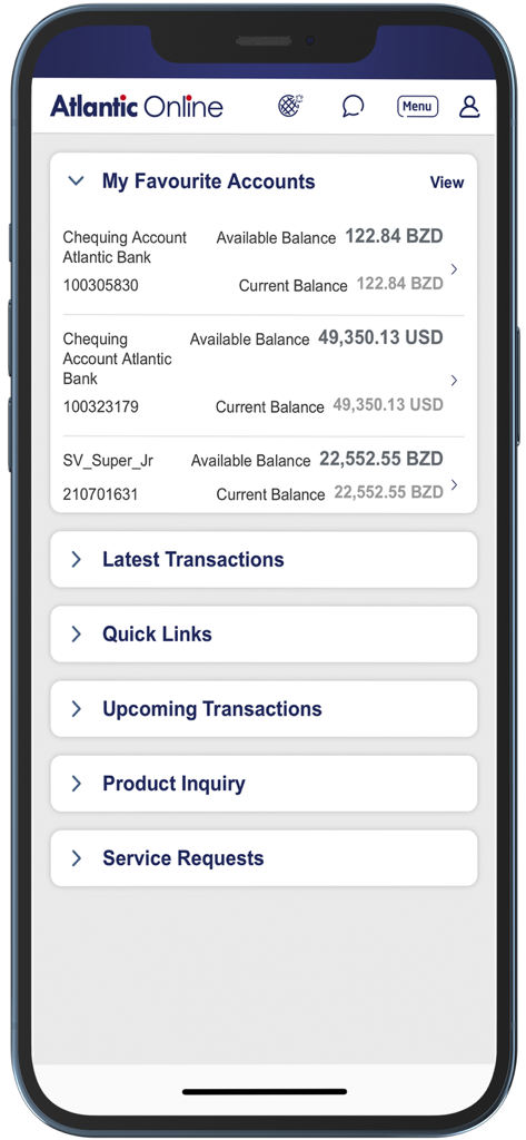 Atlantic Bank Mobile Banking - Panel de la aplicación móvil de Atlantic Bank que muestra los saldos de las cuentas en BZD y USD.
