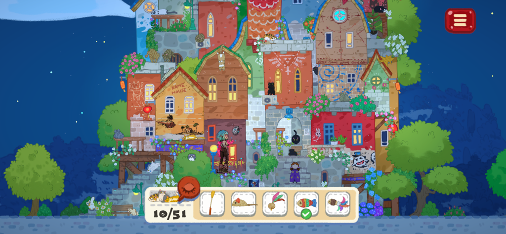 LittleAdventurerTreasureHunt - Nivel de juego de objetos ocultos dibujado a mano con un edificio colorido y una barra de búsqueda de elementos