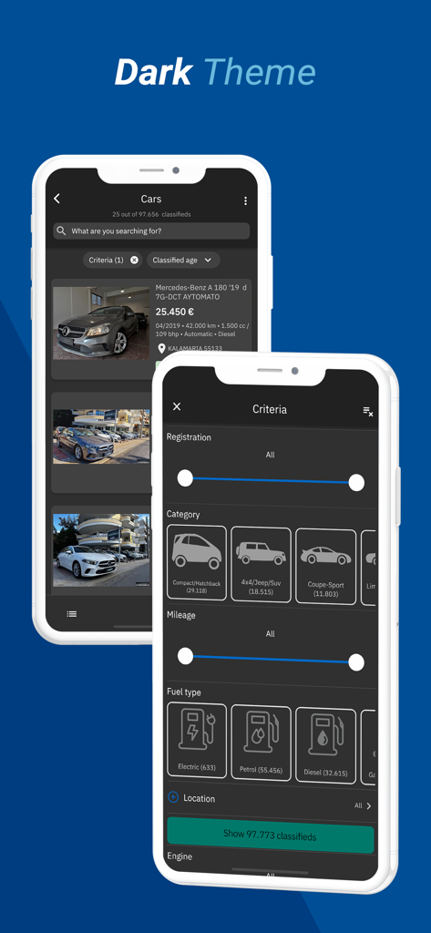 Car.gr - App mobile Car.gr che mostra annunci di auto e filtri di ricerca in modalità scura