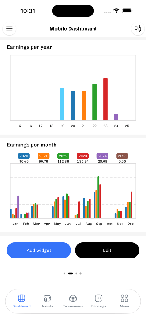 Portfolio Performance app mobile dashboard with bar charts for annual and monthly earnings