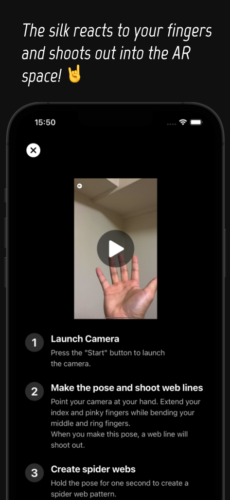 Spider Hand AR - Pantalla del smartphone mostrando instrucciones para usar el seguimiento de manos en RA para disparar telarañas digitales