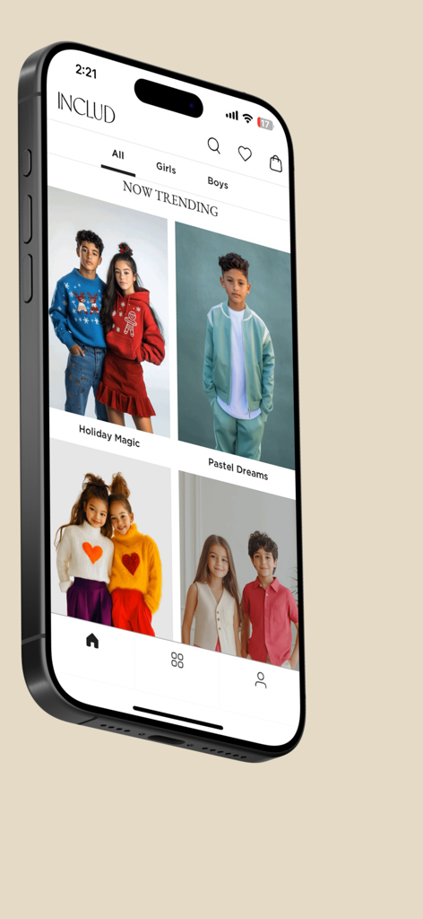 INCLUD - INCLUD mobile app home screen featuring trending kids fashion collections