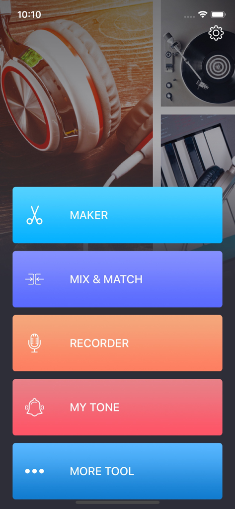 Ringtone Maker : MyRingtone - Menú principal de la aplicación MyRingtone que muestra herramientas para crear, mezclar y grabar tonos de llamada personalizados