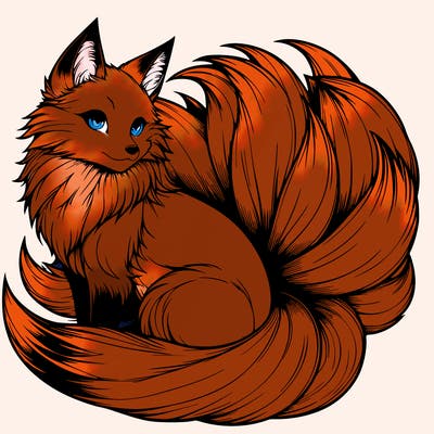 realistic detailed 9 tailed anime fox