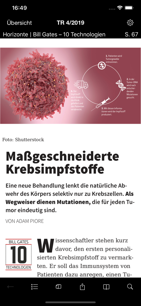 MIT Technology Review DE - Un article scientifique en langue allemande sur les vaccins personnalisés contre le cancer dans l'application MIT Technology Review