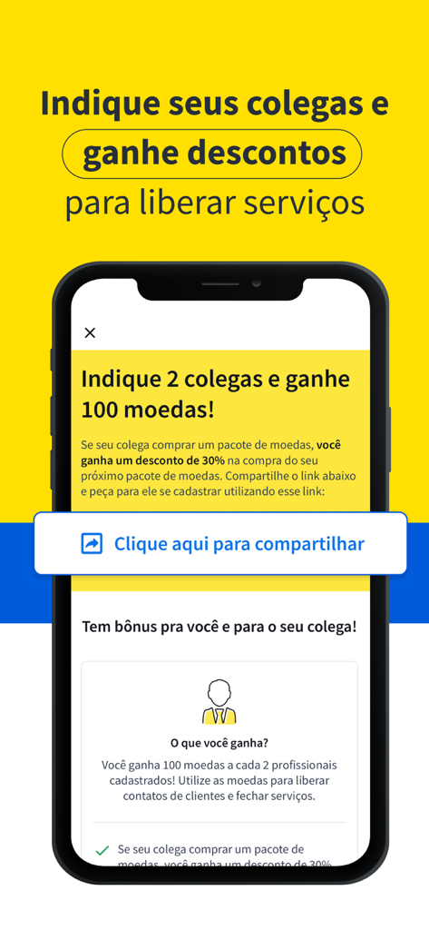 GetNinjas para Profissional - Captura de tela do programa de indicação GetNinjas para Profissional oferecendo moedas e descontos por convidar colegas.