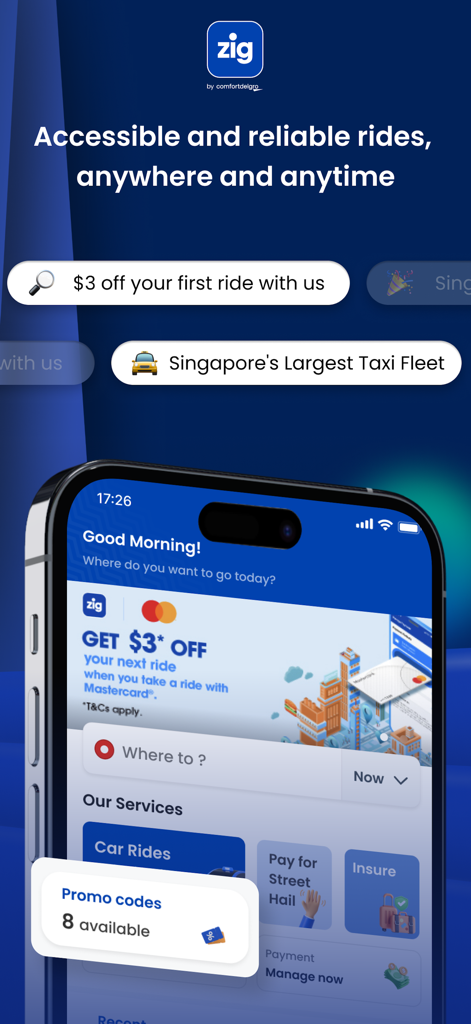 CDG Zig - Taxis & Cars - CDG Zig app interface on a smartphone showing taxi booking services and promotional offers in Singapore