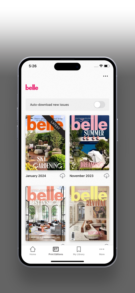 Belle Magazine Australia - Belle Magazine app interface showing a gallery of digital print editions featuring luxury interior design and architecture covers