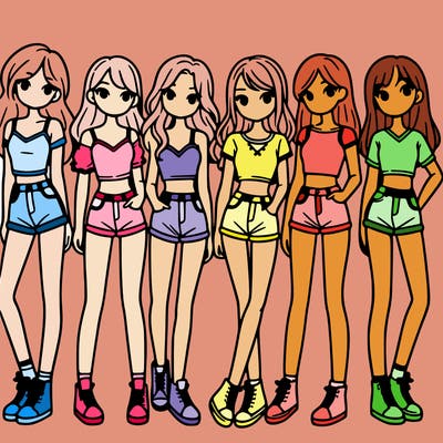 a group of girls wearing crop tops and shorts