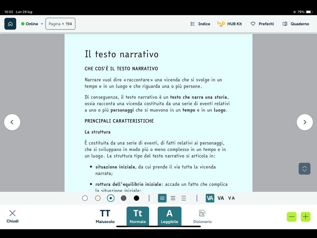 HUB Young - HUB Young app on iPad displaying an Italian digital textbook with text customization and accessibility features