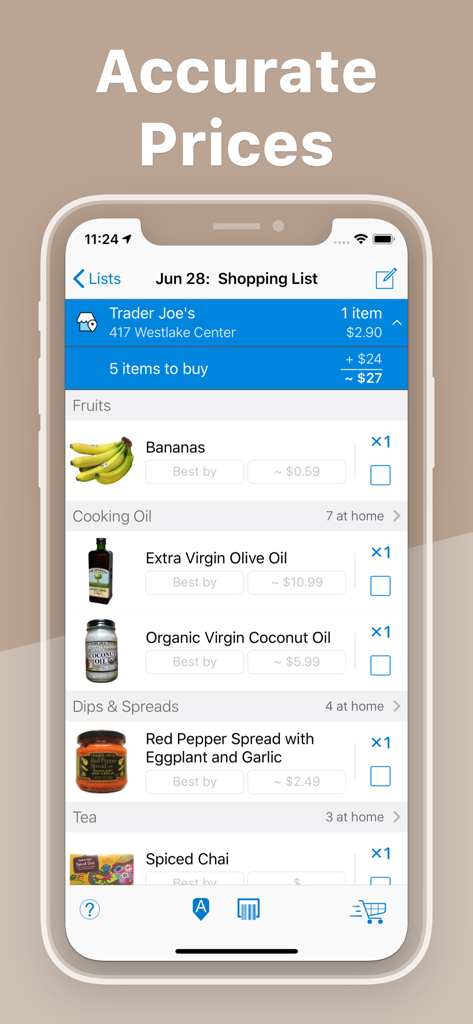 Shopping list in the Pantry Check app showing item prices and estimated budget totals for Trader Joes groceries.