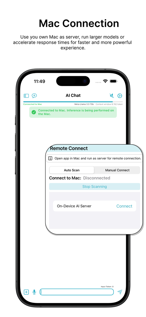 On-Device AI: TTS, STT & Chat - iPhone-Bildschirm, der eine Verbindung zu einem Mac-Server zeigt, um große KI-Modelle lokal auszuführen