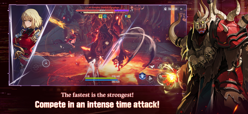 타임 어택 챌린지 오버레이가 있는 보스 전투를 보여주는 나 혼자만 레벨업: 어라이즈 게임플레이 스크린샷