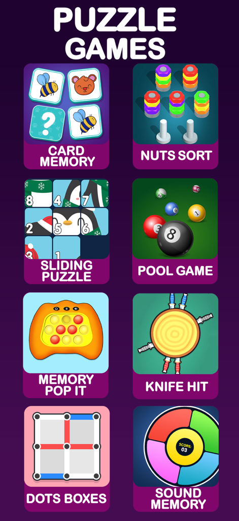 Fun Offline: No Internet Games - Una schermata del menu che mostra vari mini giochi offline come Nuts Sort, Card Memory e Sliding Puzzle.