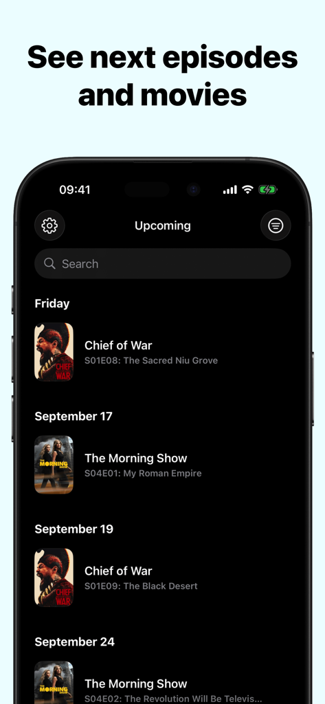 TV Show Tracker – CouchTimes - Interfaz de la aplicación CouchTimes mostrando un calendario cronológico de próximos episodios de series y estrenos de películas.