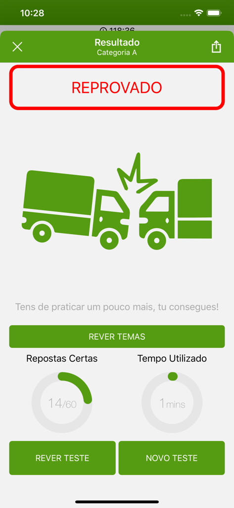 Failed exam result screen in the Testes de CAM app showing a truck collision icon and score details.
