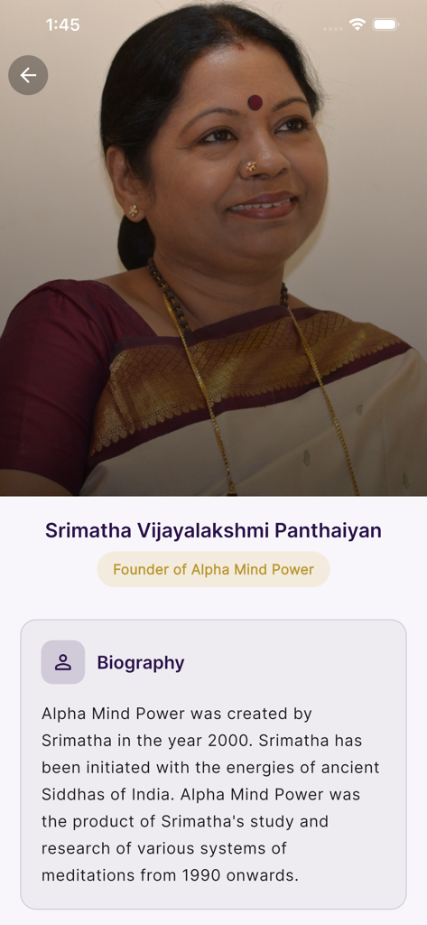 Alpha Mind Power - Un retrato y biografía de Srimatha Vijayalakshmi Panthaiyan, fundadora de Alpha Mind Power.