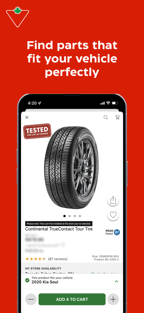 Canadian Tire: Shop Smarter - Écran de l'application Canadian Tire montrant un pneu adapté à une Kia Soul 2020