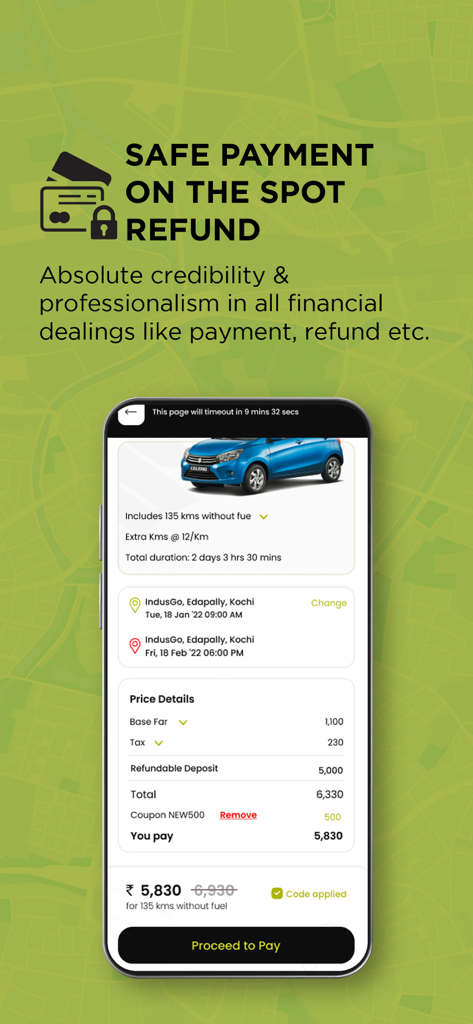 IndusGo 자동차 렌탈 앱 디스플레이, 예약 요약 및 안전 결제 정보 표시.