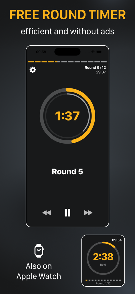 Interface of the shadow boxing app showing the free round timer on iPhone and Apple Watch