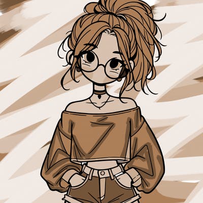 girl with a messy ponytail glasses a baggy crop top and jean shorts