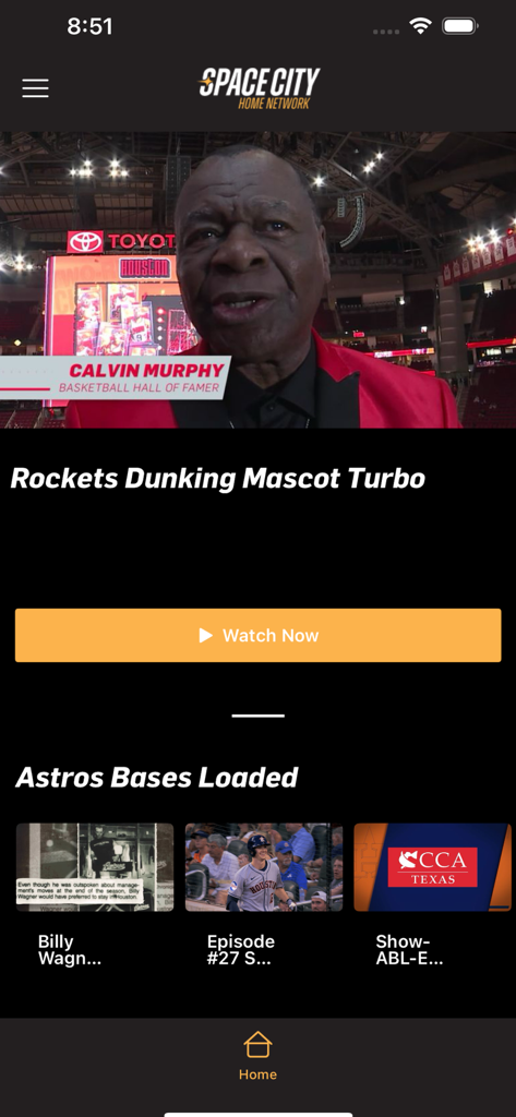 SCHN+ - Pantalla de inicio de la aplicación Space City Home Network mostrando contenido de video de los Houston Rockets y Astros