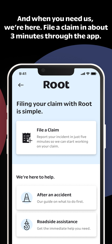 Mobile app screen for filing an insurance claim and requesting roadside assistance