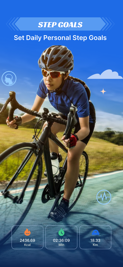 Una donna in bicicletta con l'interfaccia dell'app mobile che mostra calorie tracciate, durata e metriche di distanza