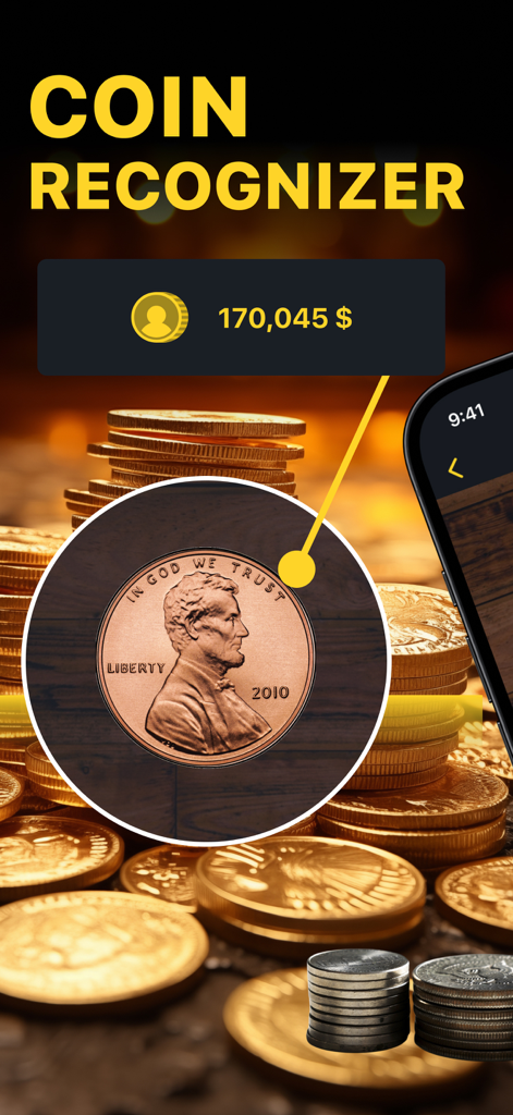 Coin Identifier: Money Scanner - Interfaz de aplicación de reconocimiento de monedas escaneando un centavo de Lincoln con una estimación de valor