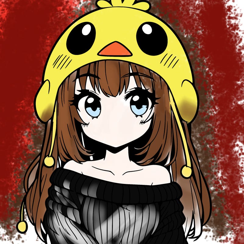 anime girl with chick shaped hat with sweater with bare shoulders with bangs covering them one eye with low tail
