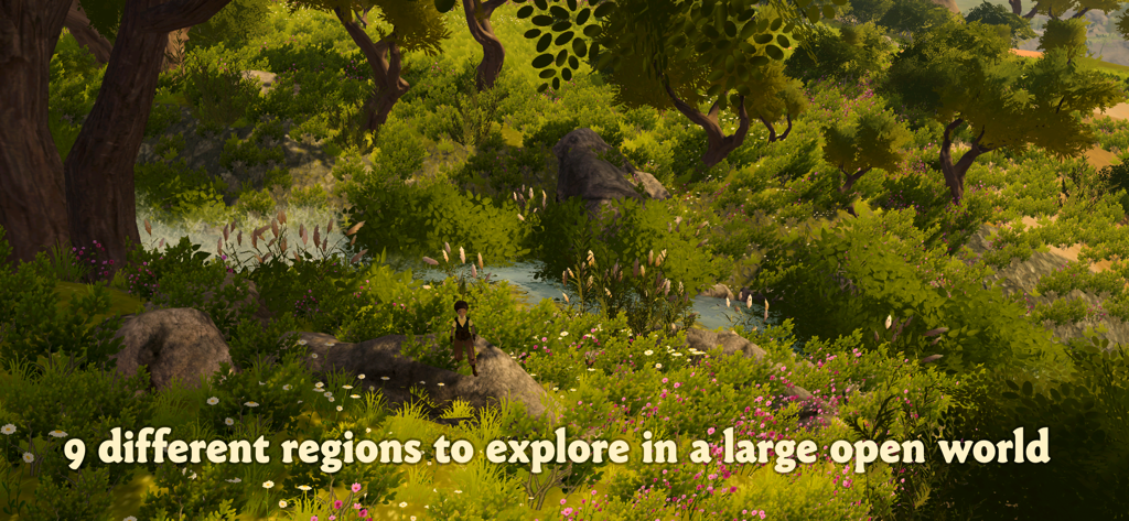 Wilderless: Dune Barrens - A character exploring a lush green forest region with a stream in the open world of Wilderless