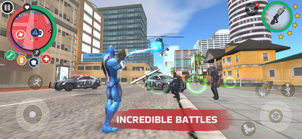 Un superhéroe azul luchando contra la policía y disparando a un helicóptero en una calle de una ciudad de mundo abierto