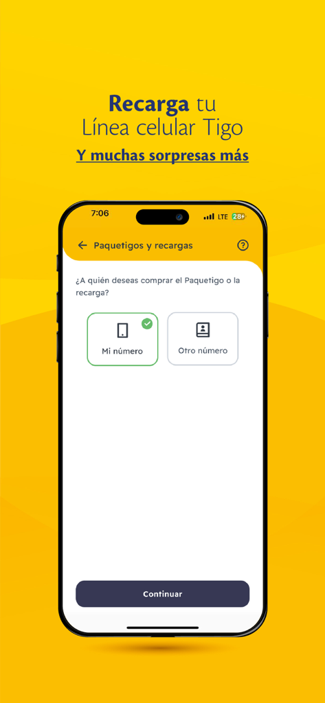 Billetera Tigo Money Guatemala - Interface of Tigo Money Guatemala app showing options to recharge a mobile phone number