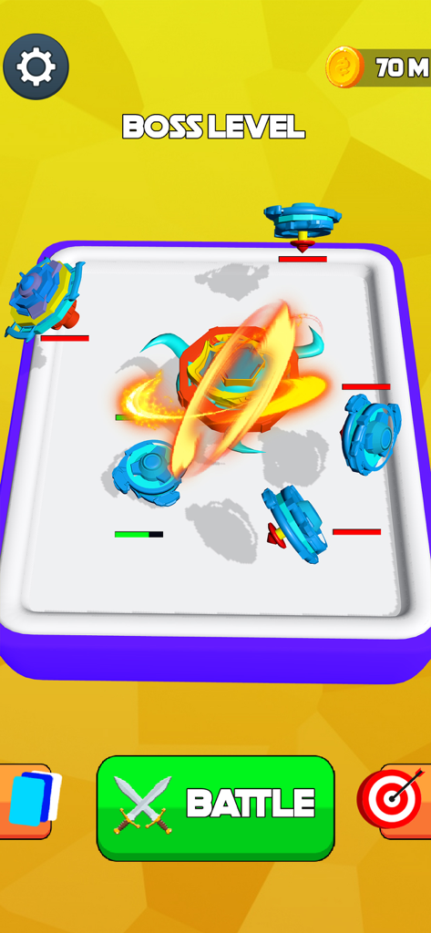 Spinner Merge Battle - A powerful upgraded spinner fighting multiple blue enemies in a boss level arena