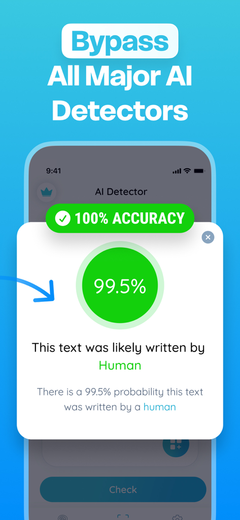 Humanize AI Text & AI Detector - Schermata dell'app mobile che mostra un punteggio di scrittura umana del 99,5% per aggirare il rilevamento AI