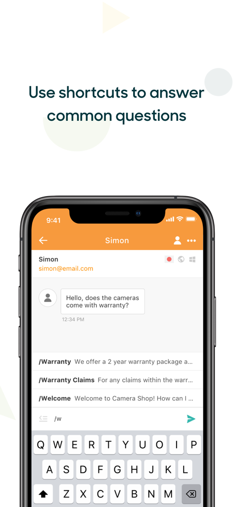 Zendesk Chat - Zendesk Chat app interface displaying the use of canned shortcuts to answer a customer query about product warranty on a smartphone.