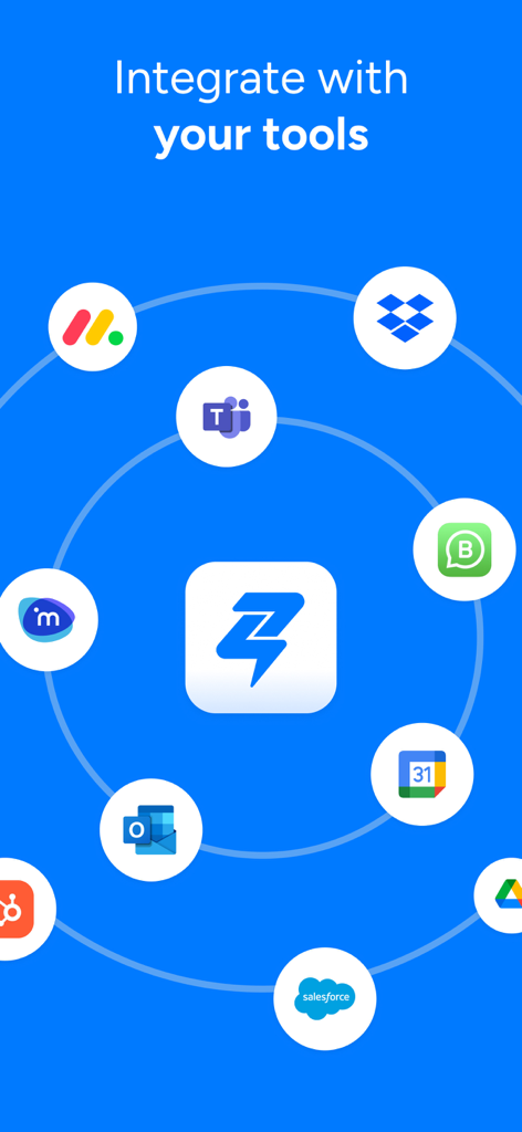 Zenzap: Professional Work Chat - Graphic showing Zenzap logo surrounded by icons of integrated business tools like Microsoft Teams, Salesforce, and Google Calendar