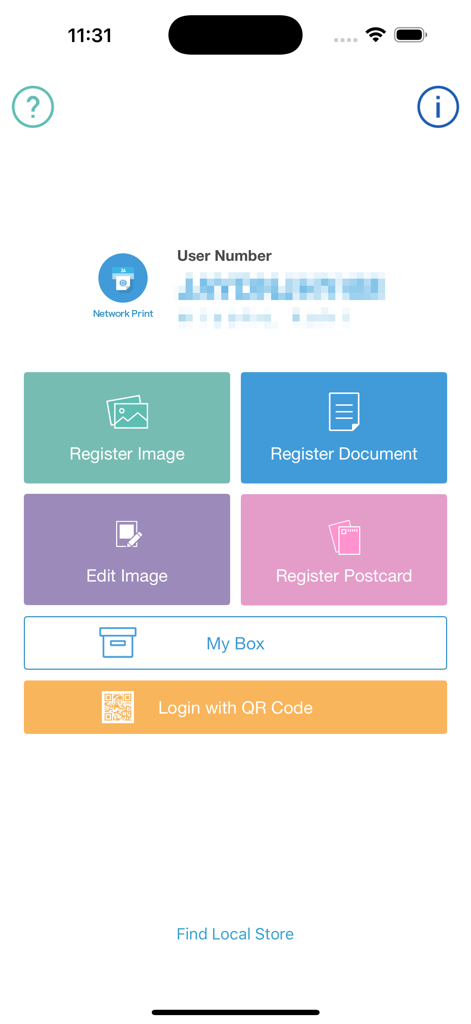 L'écran d'accueil de l'application Impression en réseau montrant les options pour enregistrer des images et des documents pour impression dans les supérettes du Japon