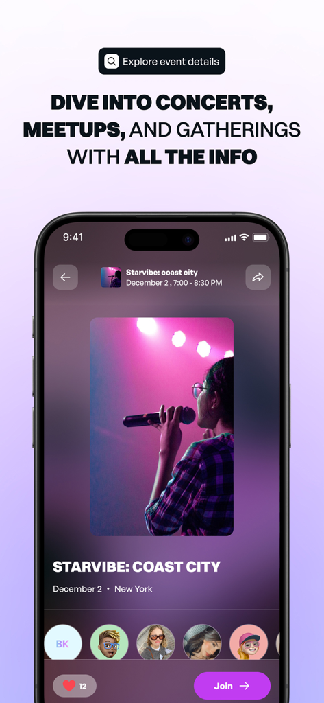 Clyx: Genuine Friends & Events - Clyx app screen displaying event details for a concert in New York with attendee profiles and a join button
