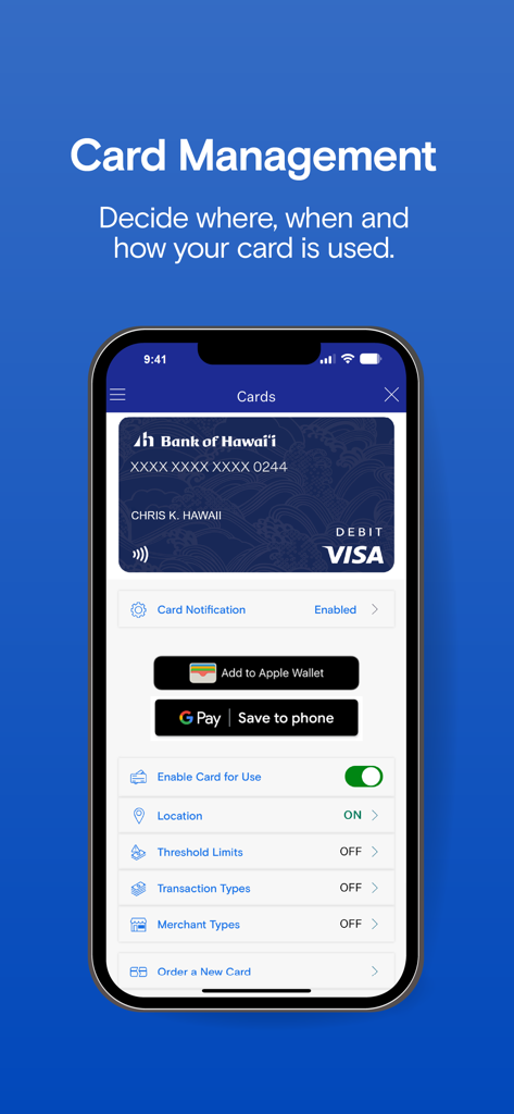 Bank Of Hawaii Mobile App - Bank of Hawaii mobile app card management screen showing debit card controls and mobile wallet options