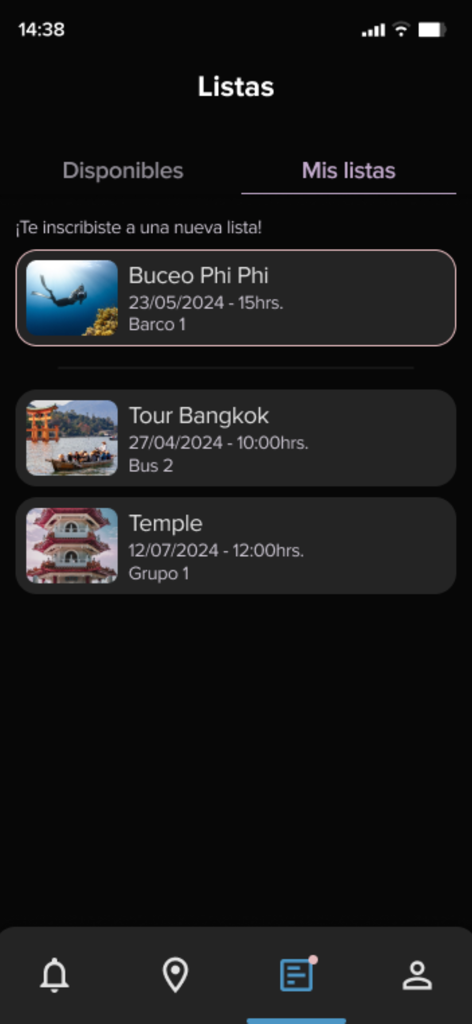 T&T - Interface of the T&T app displaying a list of scheduled activities and tours in dark mode