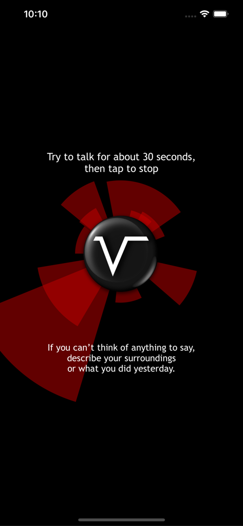 Interface of the Vocular app showing the voice recording screen with instructions and pitch visualization.