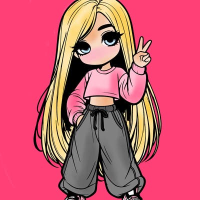 realistic girl with long hair and baggy sweat pants doing the peace sign
