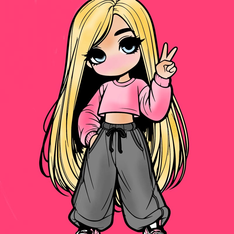 realistic girl with long hair and baggy sweat pants doing the peace sign
