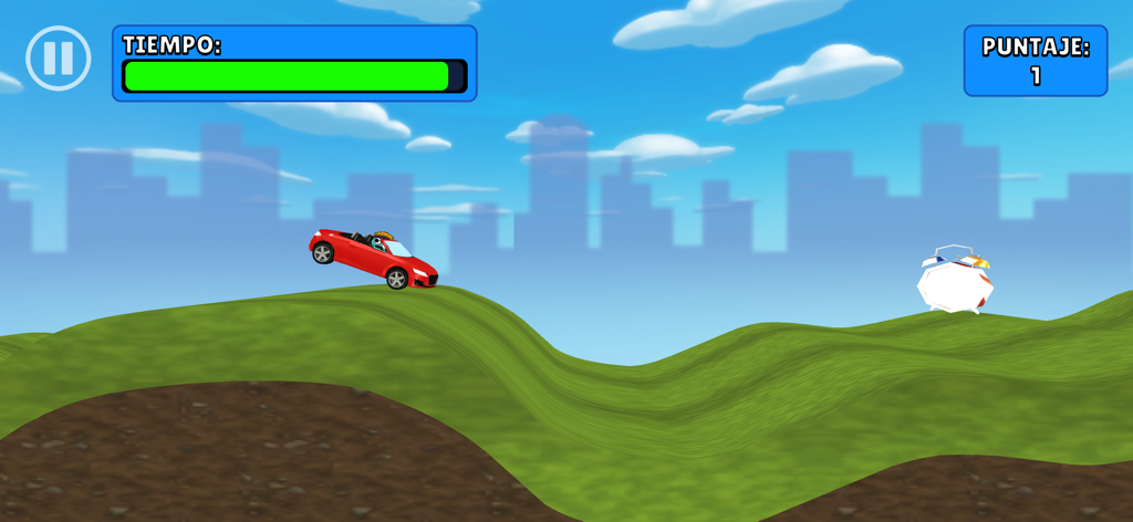 Benja Calero: DOU - Une voiture rouge roulant sur des collines vertes dans un mini-jeu à défilement horizontal de l'application Benja Calero DOU.
