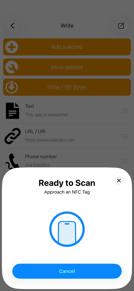 NFC Tools app screen displaying a prompt to scan an NFC tag for writing text, URLs, and phone numbers.