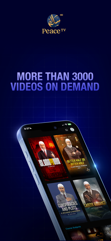 Peace TV mobile app displaying a library of Islamic lectures and educational videos on demand