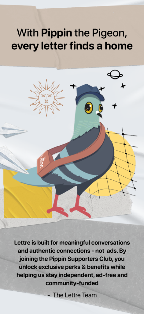 Lettre.app - PenPals for life - Pippin the Pigeon dressed as a mail carrier for the Lettre app.